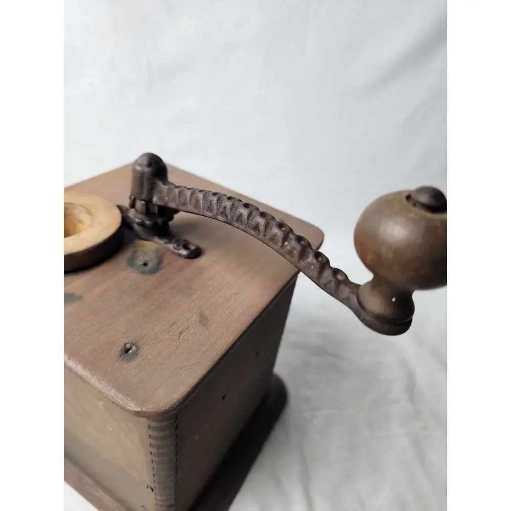 Vintage Wood Coffee Grinder Cast Iron Dovetailed Hand Crank Antique Flour Mill